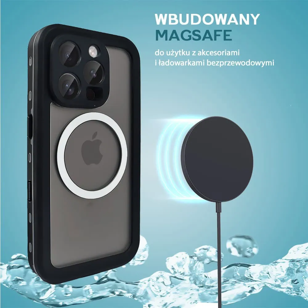 Etui do iPhone 16 Pro wodoodporne z MagSafe, pancerne, przeźroczyste, czarne