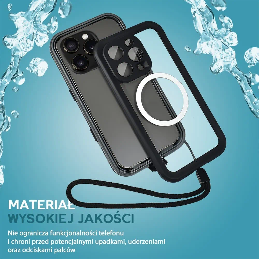Etui do iPhone 16 Pro wodoodporne z MagSafe, pancerne, przeźroczyste, czarne