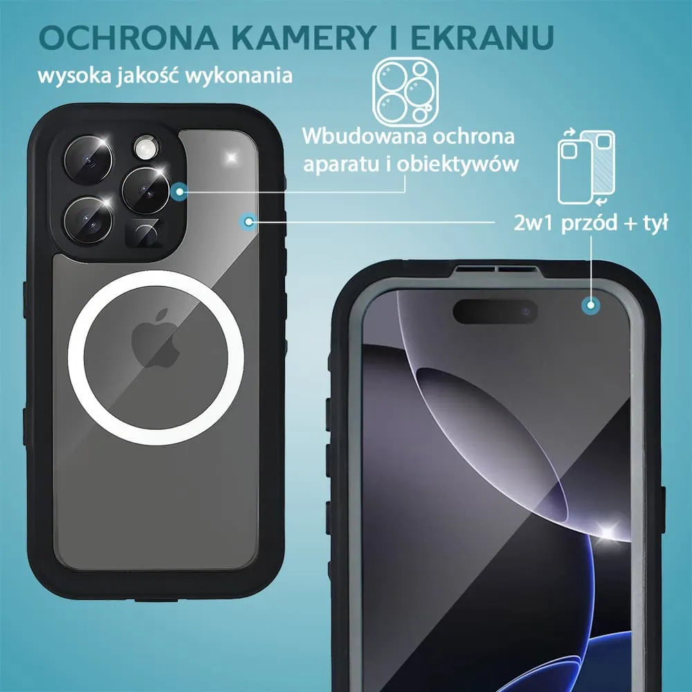 etui do iphone 16 pro max wodoodporne z magsafe, pancerne, przeźroczyste, czarne