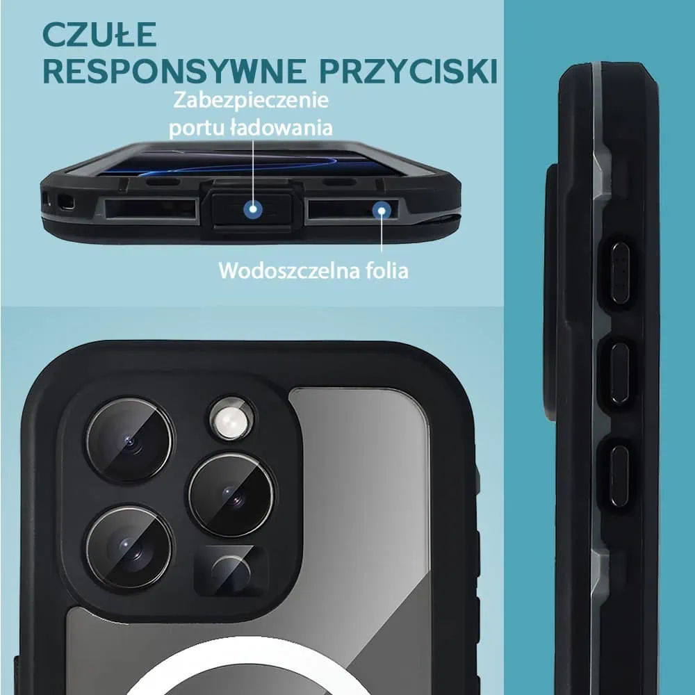 Etui do iPhone 16 Pro wodoodporne z MagSafe, pancerne, przeźroczyste, czarne