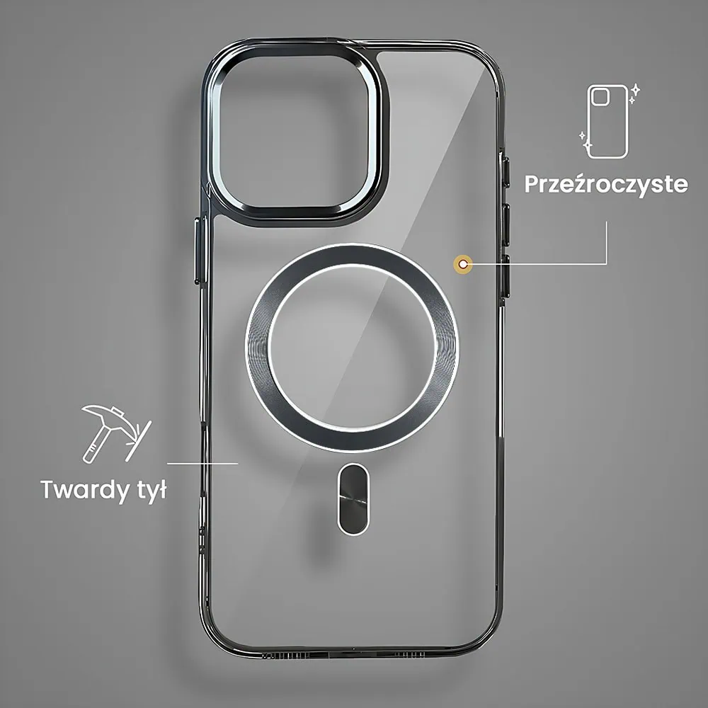 Etui do iPhone 16 Pro Super Hybrid z MagSafe, twardy tył, metalowe ozdoby, czarne