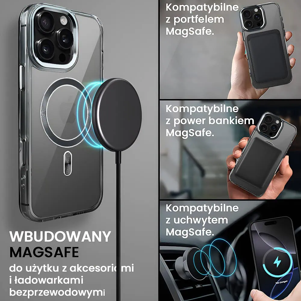 Etui do iPhone 16 Pro Super Hybrid z MagSafe, twardy tył, metalowe ozdoby, czarne