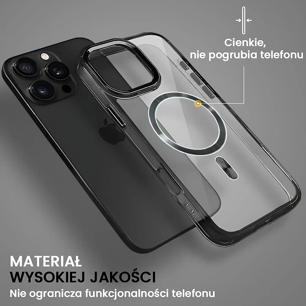 Etui do iPhone 16 Pro Super Hybrid z MagSafe, twardy tył, metalowe ozdoby, czarne