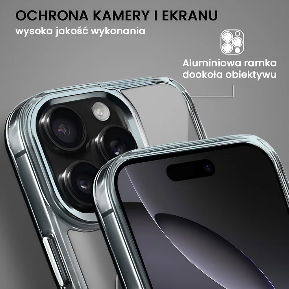 Etui do iPhone 16 Pro Super Hybrid z MagSafe, twardy tył, metalowe ozdoby, czarne