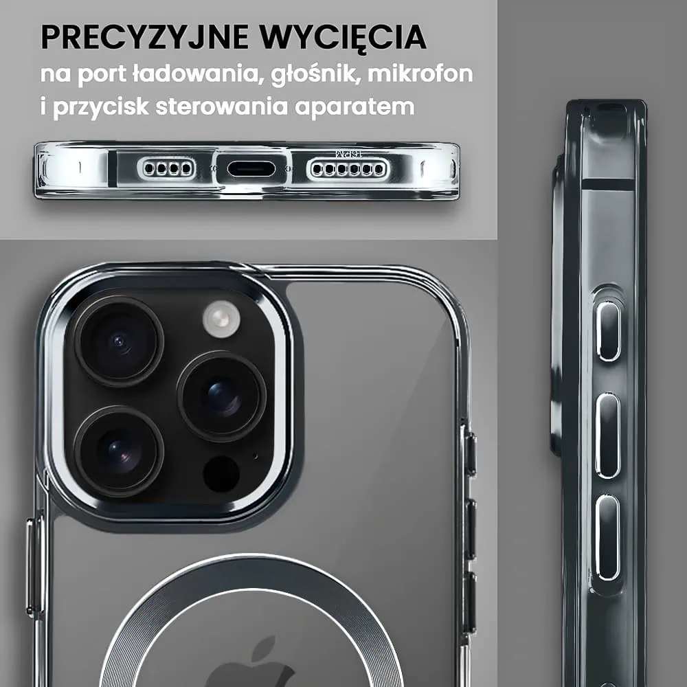 Etui do iPhone 16 Pro Super Hybrid z MagSafe, twardy tył, metalowe ozdoby, czarne