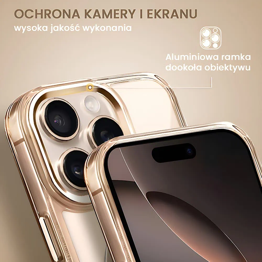 Etui do iPhone 16 Pro Max Super Hybrid z MagSafe, twardy tył, metalowe ozdoby, tytan pustynny