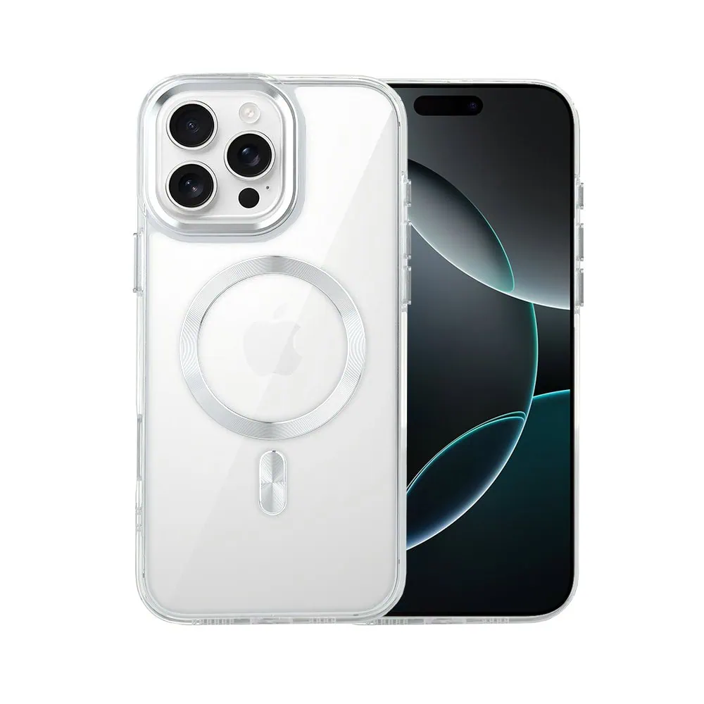 Etui do iPhone 16 Pro Super Hybrid z MagSafe, twardy tył, metalowe ozdoby, srebrne