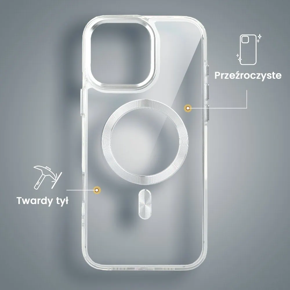 Etui do iPhone 16 Pro Super Hybrid z MagSafe, twardy tył, metalowe ozdoby, srebrne