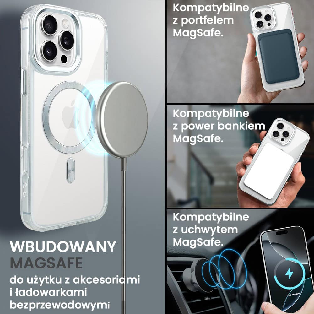 Etui do iPhone 16 Pro Super Hybrid z MagSafe, twardy tył, metalowe ozdoby, srebrne
