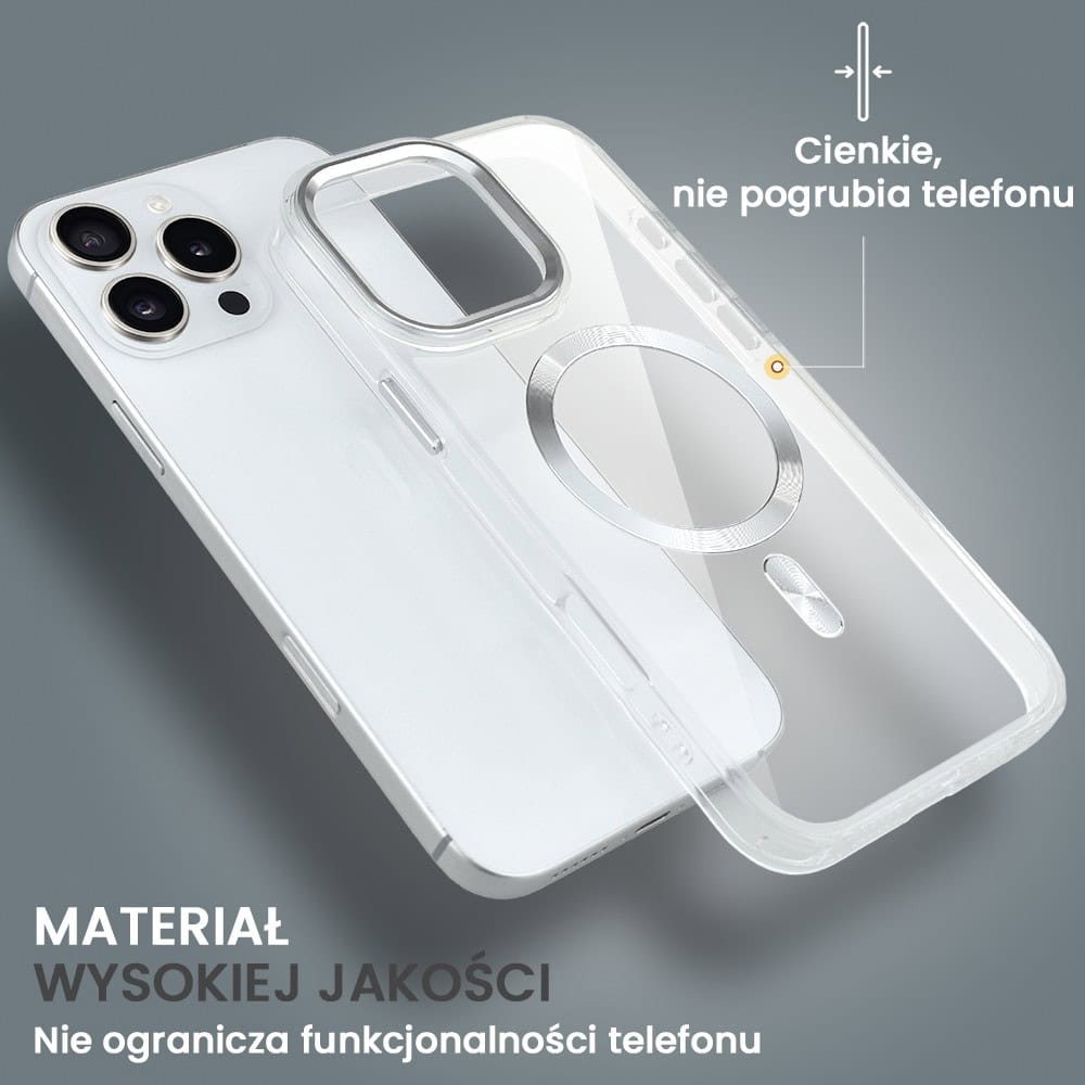 Etui do iPhone 16 Pro Super Hybrid z MagSafe, twardy tył, metalowe ozdoby, srebrne