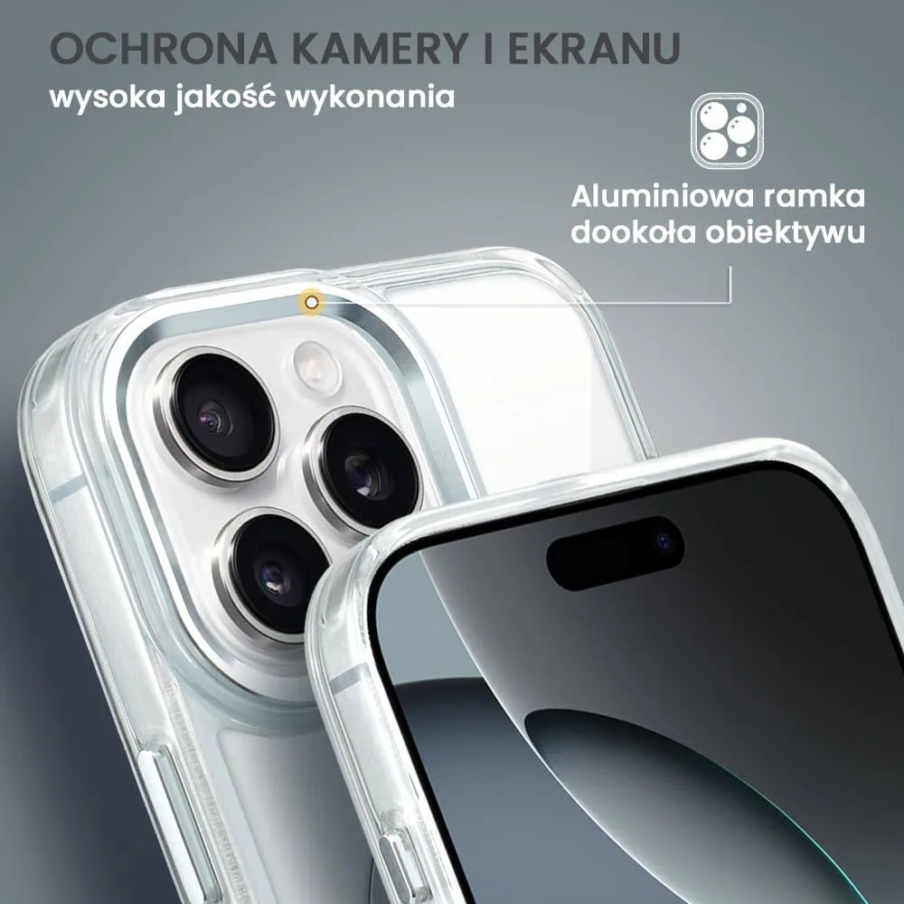 Etui do iPhone 16 Pro Super Hybrid z MagSafe, twardy tył, metalowe ozdoby, srebrne
