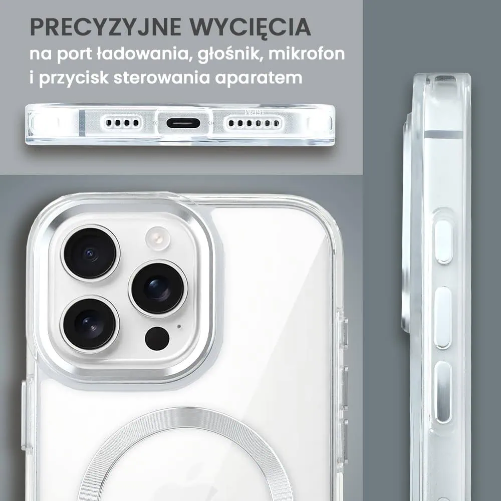 Etui do iPhone 16 Pro Super Hybrid z MagSafe, twardy tył, metalowe ozdoby, srebrne