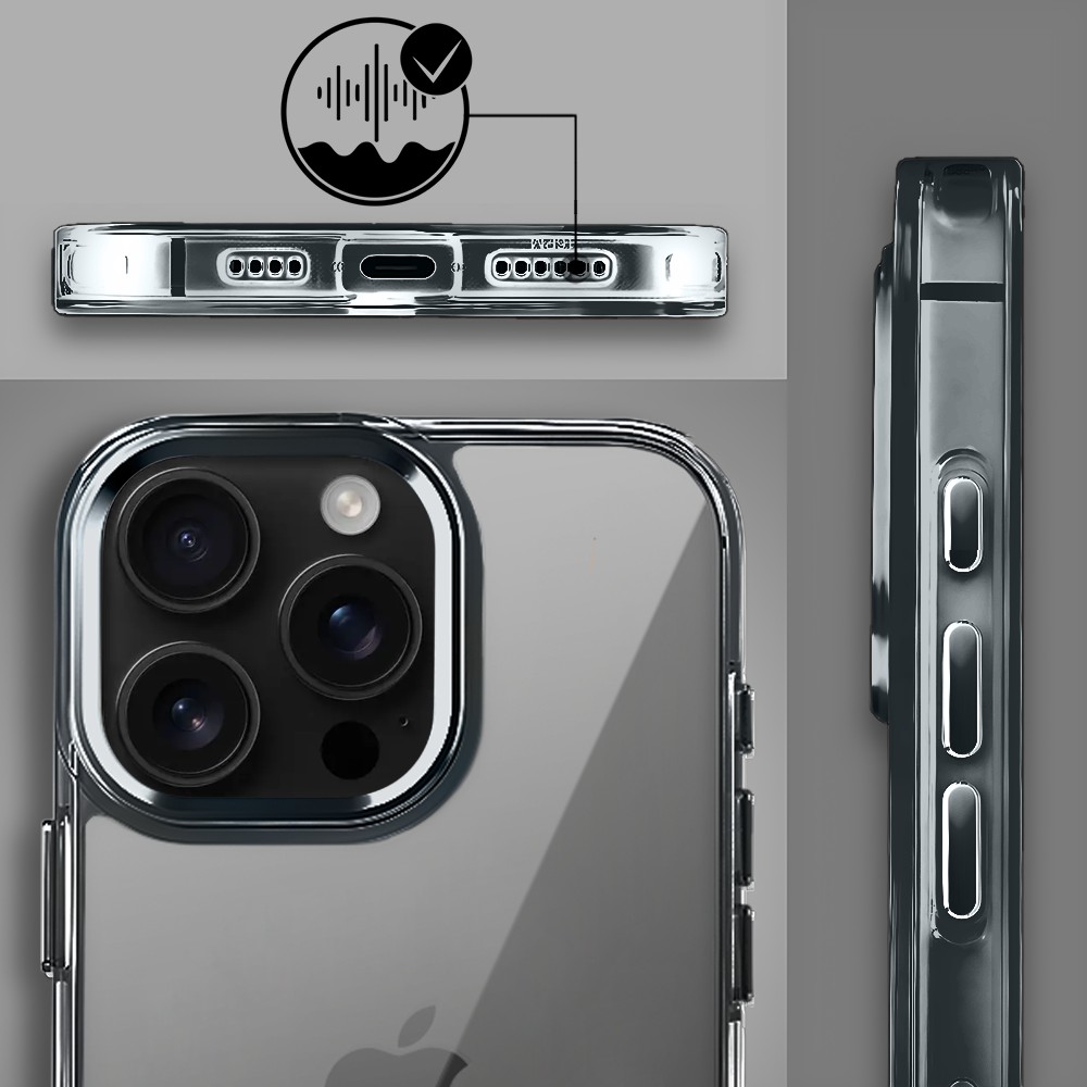 Etui do iPhone 16 Pro Super Hybrid, twardy tył, metalowe ozdoby, czarne