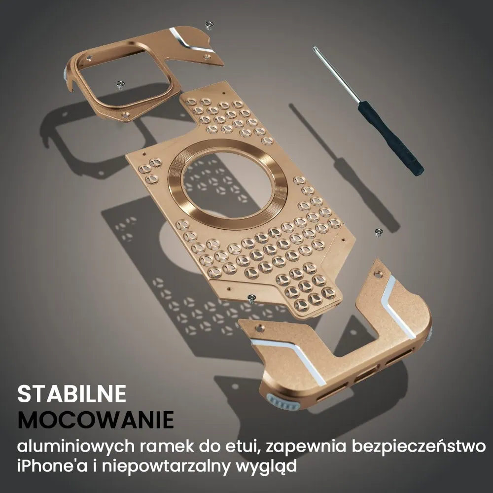 Etui do iPhone 16 Pro Titan Grid Pro, metalowe, Anti-Shock z MagSafe, widoczne logo, tytan pustynny