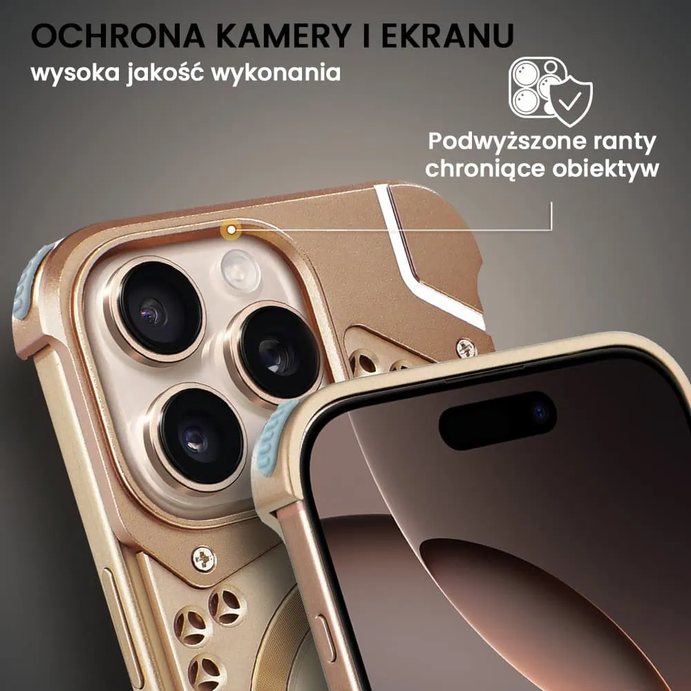 Etui do iPhone 16 Pro Titan Grid Pro, metalowe, Anti-Shock z MagSafe, widoczne logo, tytan pustynny