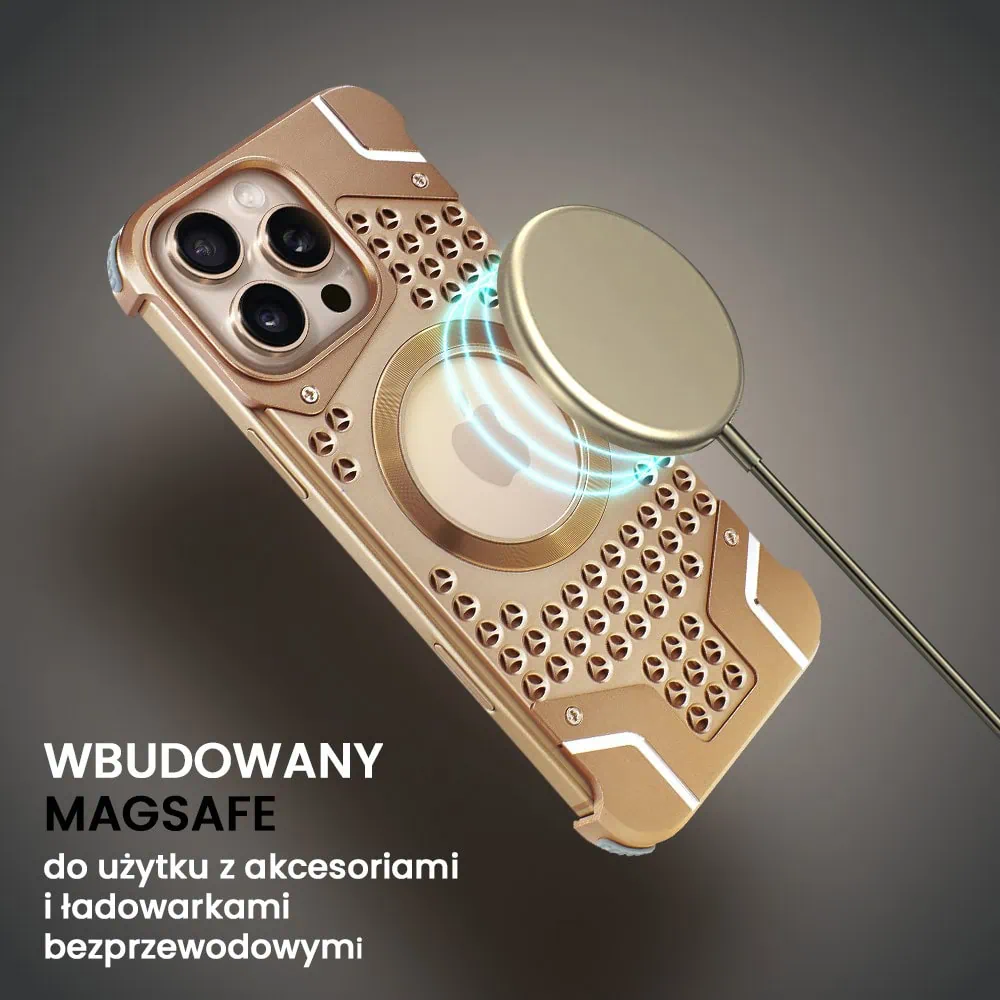 Etui do iPhone 16 Pro Titan Grid Pro, metalowe, Anti-Shock z MagSafe, widoczne logo, tytan pustynny