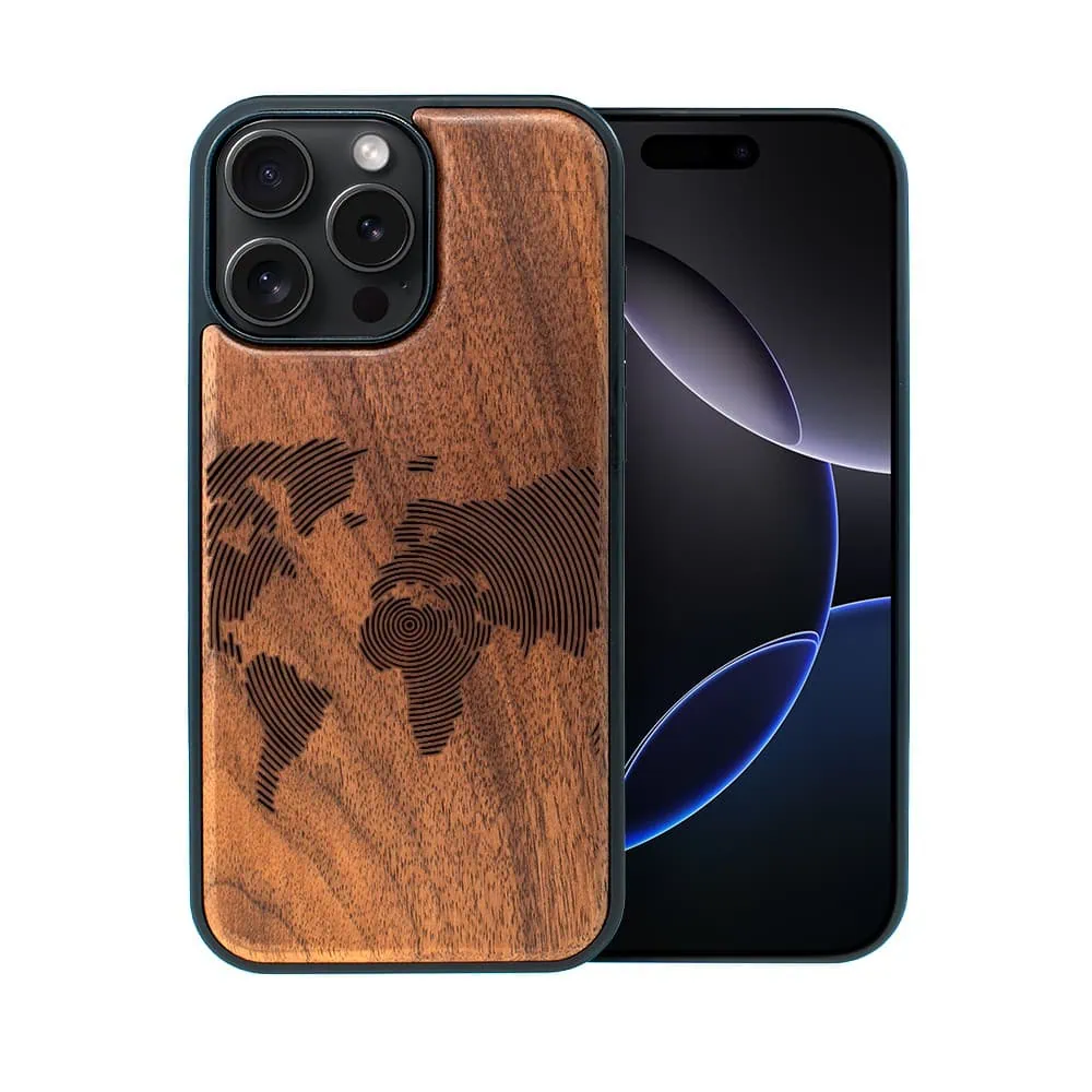 Etui do iPhone 16 Pro, WoodCraft, drewniane z MagSafe, Mapa świata