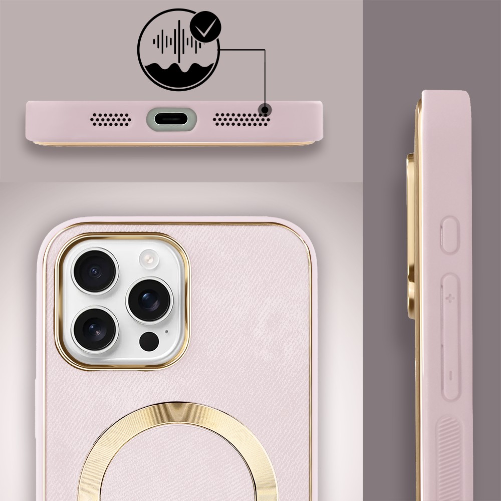 Etui do iPhone 16 Pro Max Woven MagSafe Luxury, tkanina ze złotymi zdobieniami, różowe
