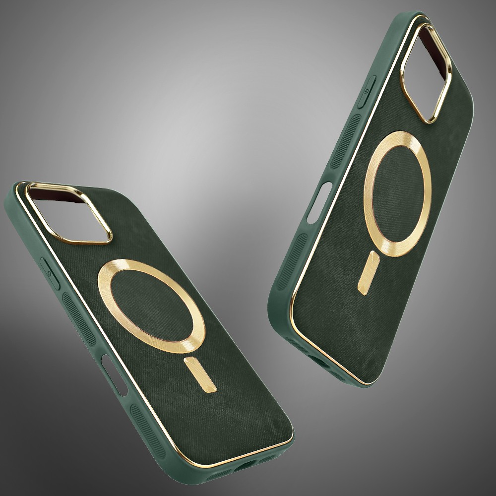 Etui do iPhone 16 Pro Max Woven MagSafe Luxury, tkanina ze złotymi zdobieniami, zielone