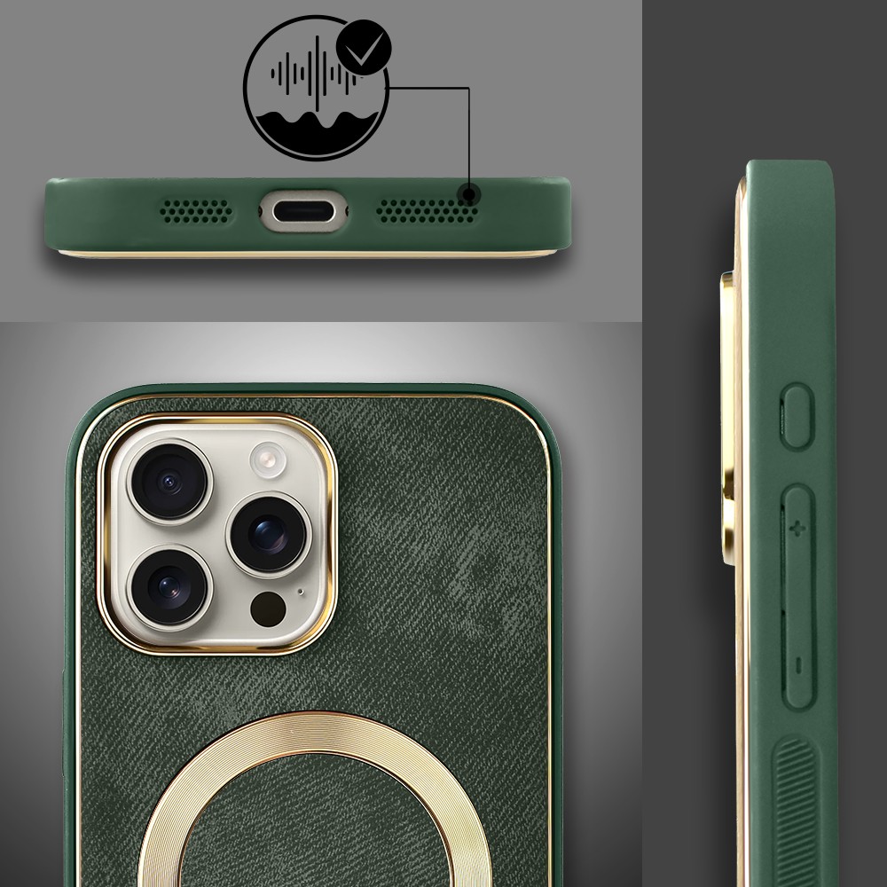 Etui do iPhone 16 Pro Max Woven MagSafe Luxury, tkanina ze złotymi zdobieniami, zielone