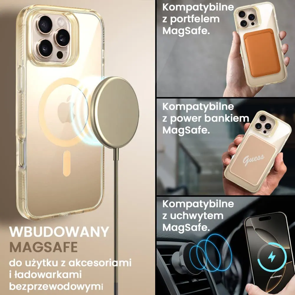Etui do iPhone 16 Pro Max cienkie, solidne z twardym, przeźroczystym tyłem z MagSafe, antypoślizgowe boki, piaszczysty brąz