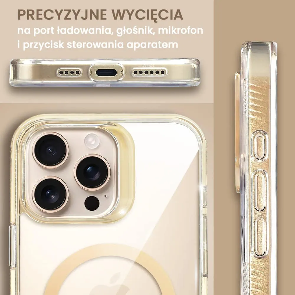 Etui do iPhone 16 Pro Max cienkie, solidne z twardym, przeźroczystym tyłem z MagSafe, antypoślizgowe boki, piaszczysty brąz