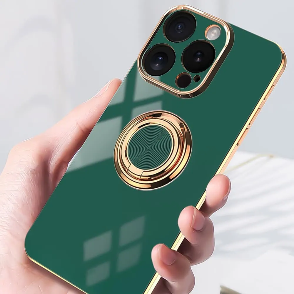 Etui do iPhone 16 Pro Max eleganckie, ze złotym, metalowym uchwytem i zdobieniami, osłona na aparat, zielone (OUTLET)