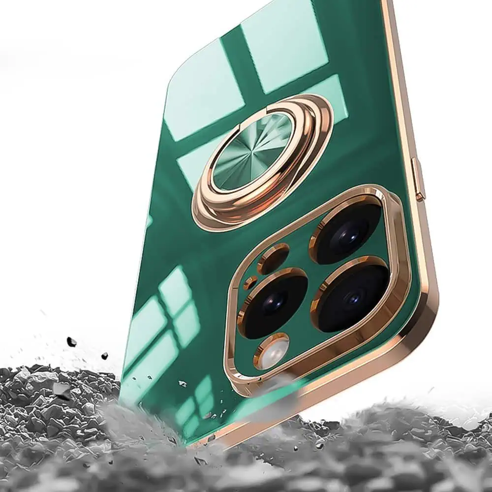 Etui do iPhone 16 Pro Max eleganckie, ze złotym, metalowym uchwytem i zdobieniami, osłona na aparat, zielone (OUTLET)