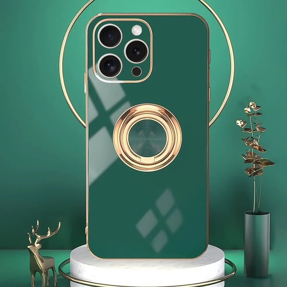 Etui do iPhone 16 Pro Max eleganckie, ze złotym, metalowym uchwytem i zdobieniami, osłona na aparat, zielone (OUTLET)