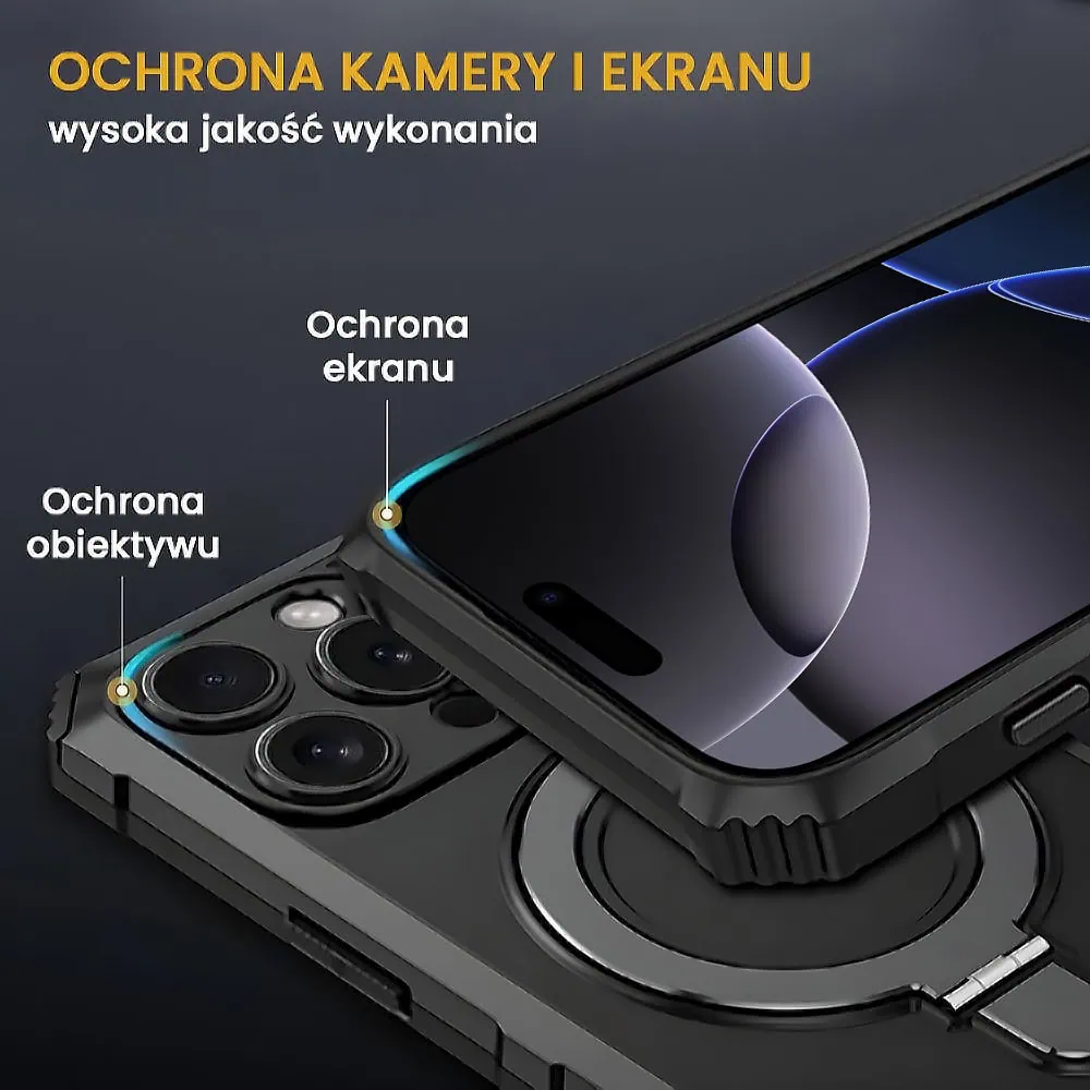 Etui do iPhone 16 Pro, pancerne, z osłoną aparatu i metalową podstawką MagSafe, czarne