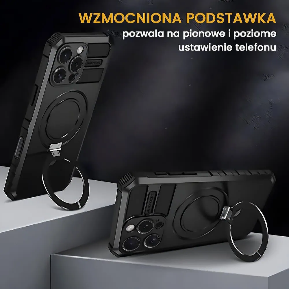 Etui do iPhone 16 Pro, pancerne, z osłoną aparatu i metalową podstawką MagSafe, czarne