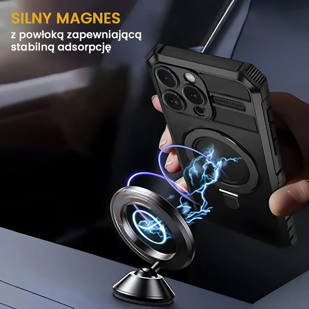 Etui do iPhone 16 Pro, pancerne, z osłoną aparatu i metalową podstawką MagSafe, czarne