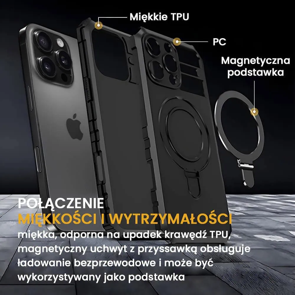 Etui do iPhone 16 Pro, pancerne, z osłoną aparatu i metalową podstawką MagSafe, czarne
