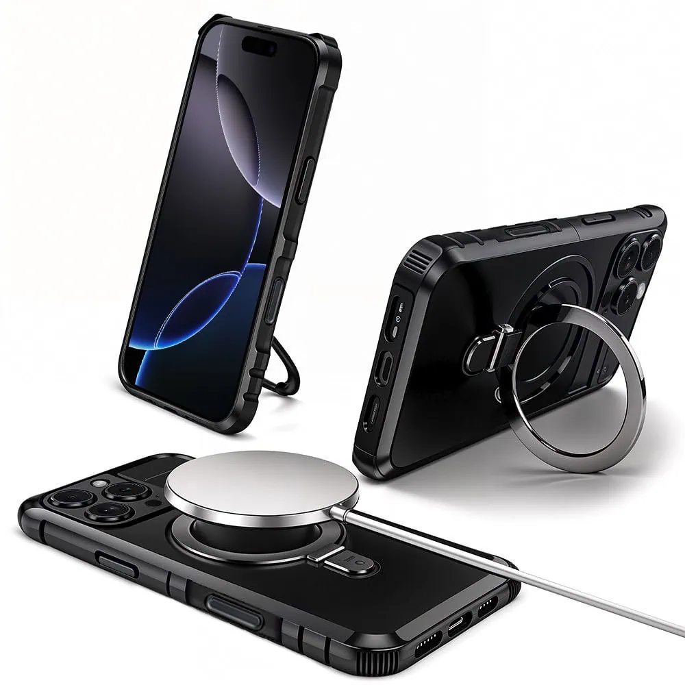 Etui do iPhone 16 Pro, pancerne, z osłoną aparatu i metalową podstawką MagSafe, czarne