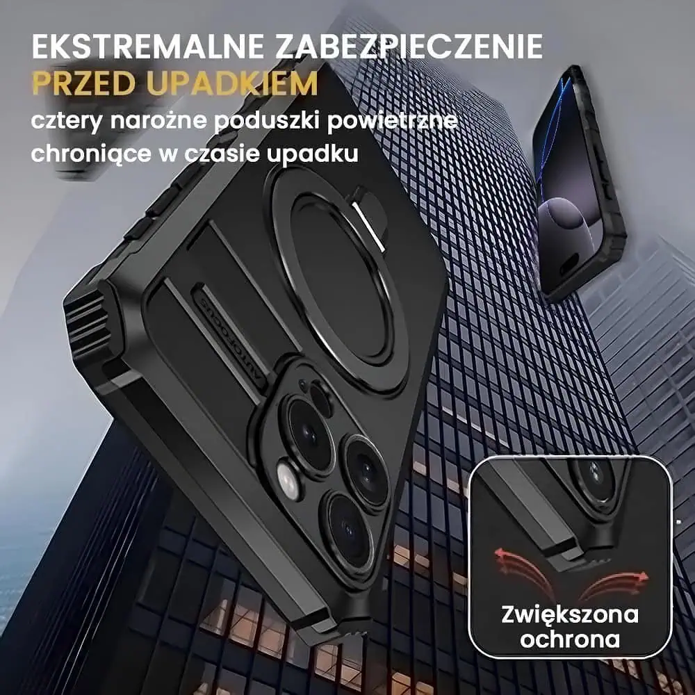 Etui do iPhone 16 Pro, pancerne, z osłoną aparatu i metalową podstawką MagSafe, czarne