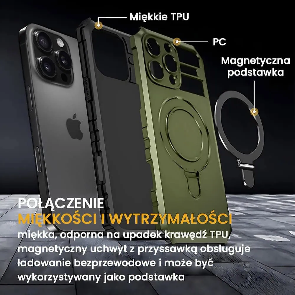 Etui do iPhone 16 Pro, pancerne, z osłoną aparatu i metalową podstawką MagSafe, wojskowa zieleń