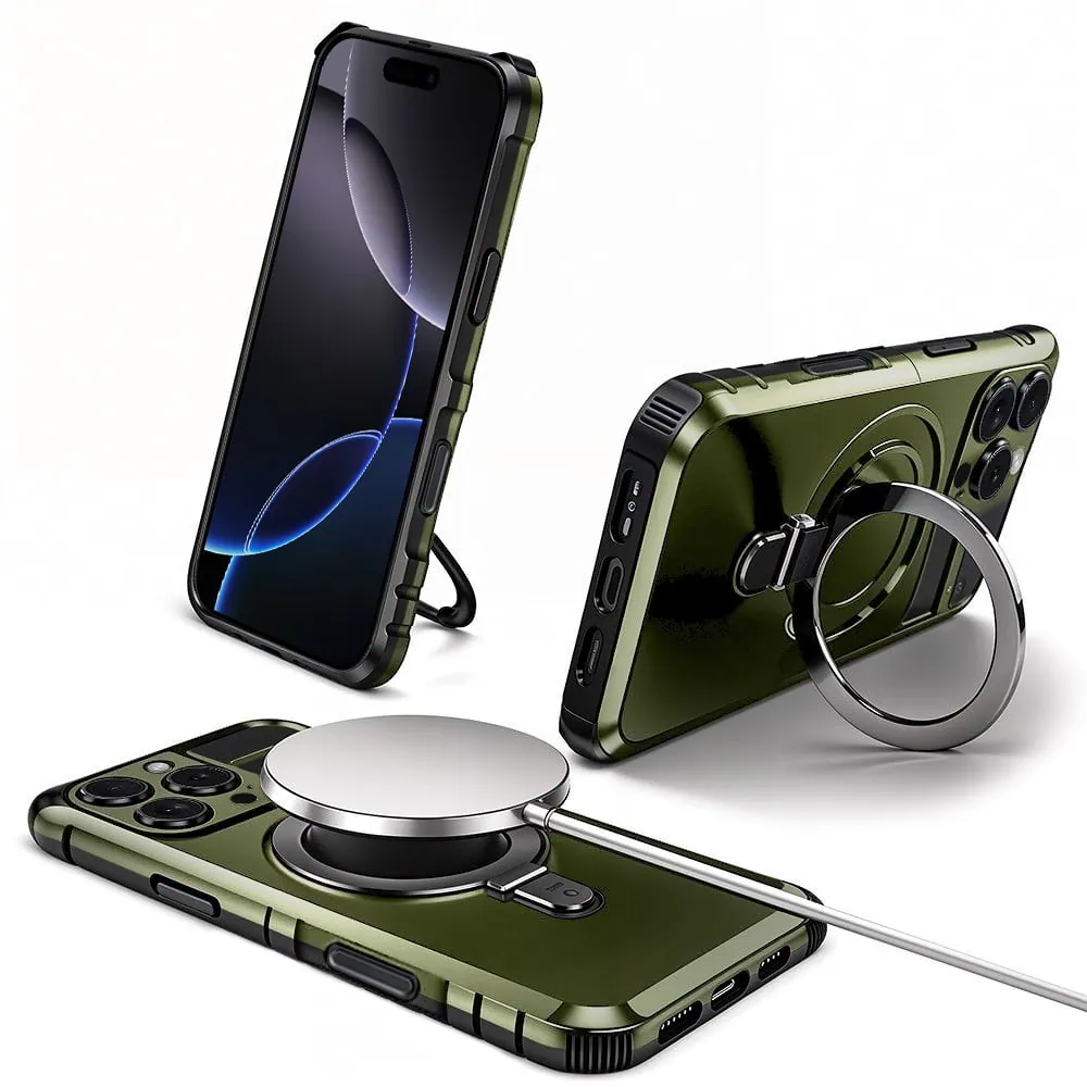 Etui do iPhone 16 Pro, pancerne, z osłoną aparatu i metalową podstawką MagSafe, wojskowa zieleń
