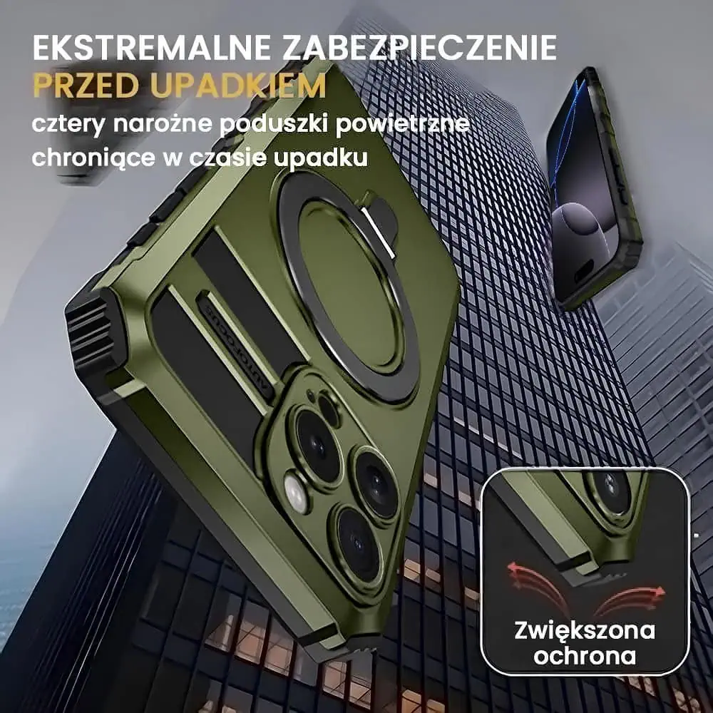 Etui do iPhone 16 Pro, pancerne, z osłoną aparatu i metalową podstawką MagSafe, wojskowa zieleń