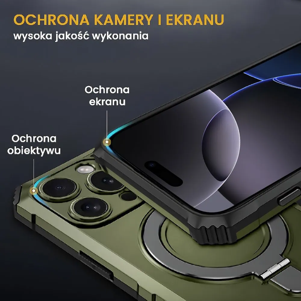 Etui do iPhone 16 Pro, pancerne, z osłoną aparatu i metalową podstawką MagSafe, wojskowa zieleń