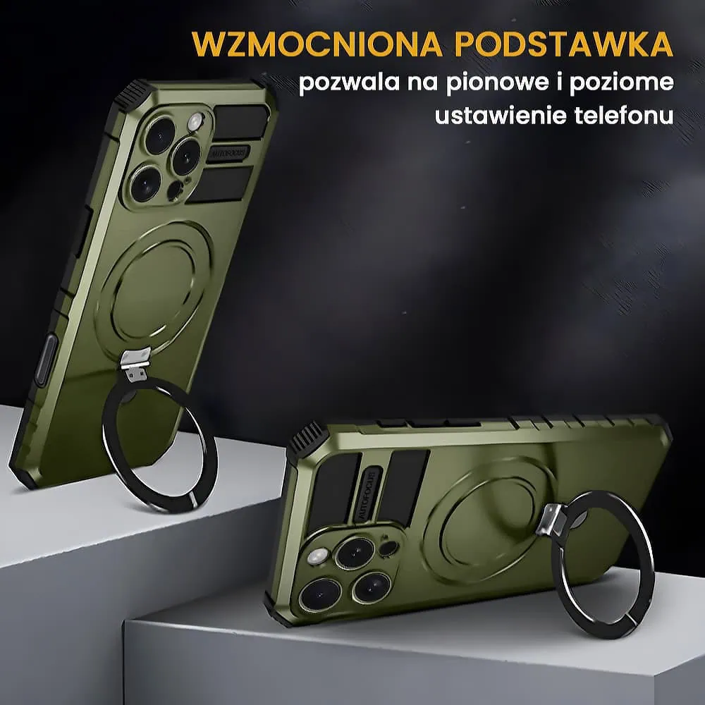 Etui do iPhone 16 Pro, pancerne, z osłoną aparatu i metalową podstawką MagSafe, wojskowa zieleń