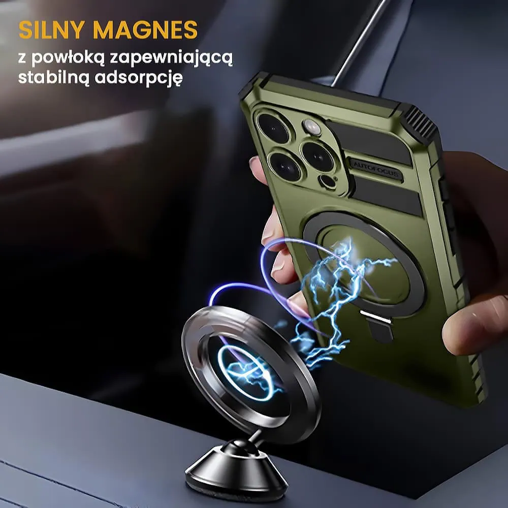 Etui do iPhone 16 Pro, pancerne, z osłoną aparatu i metalową podstawką MagSafe, wojskowa zieleń