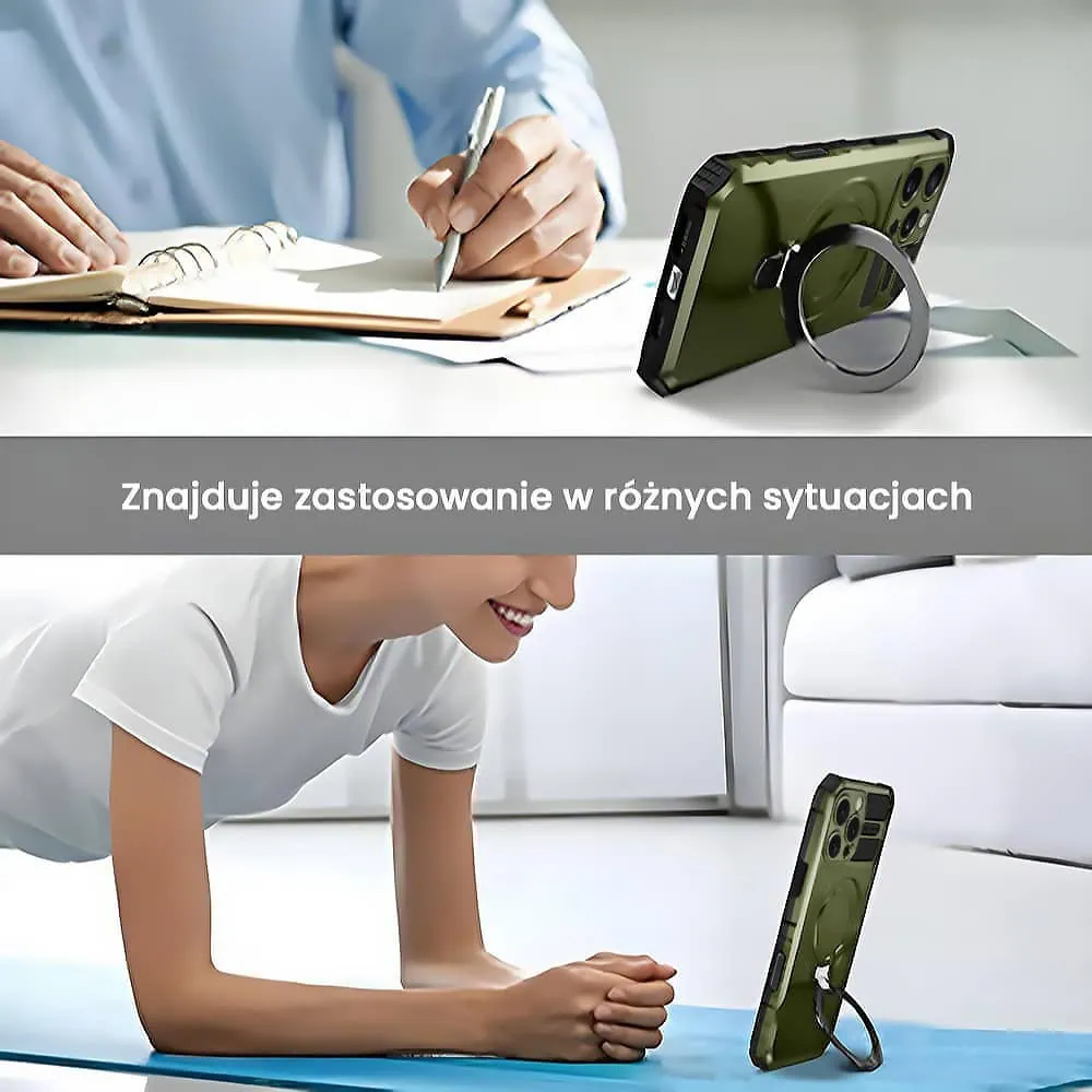 Etui do iPhone 16 Pro, pancerne, z osłoną aparatu i metalową podstawką MagSafe, wojskowa zieleń