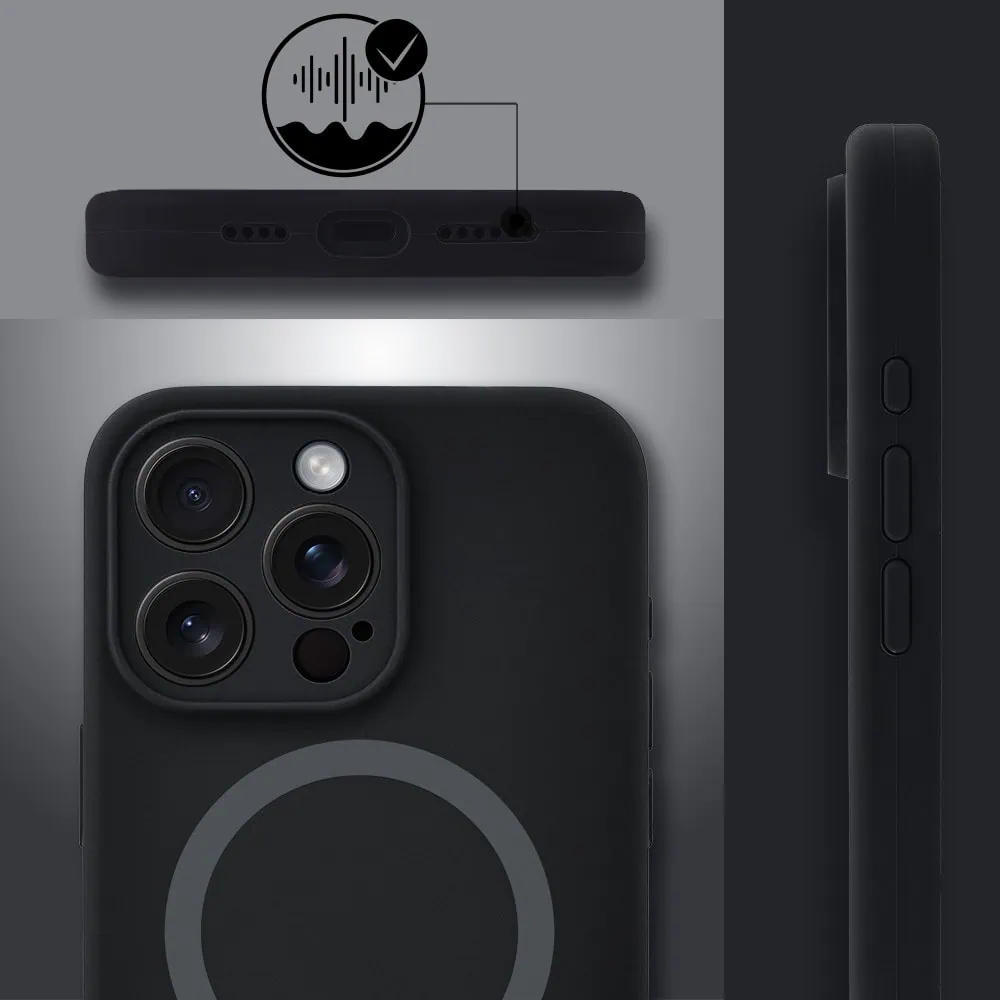 Etui do iPhone 16 Pro Max, silikonowe z MagSafe, mikrofibra soft touch z osłoną na aparat, czarne