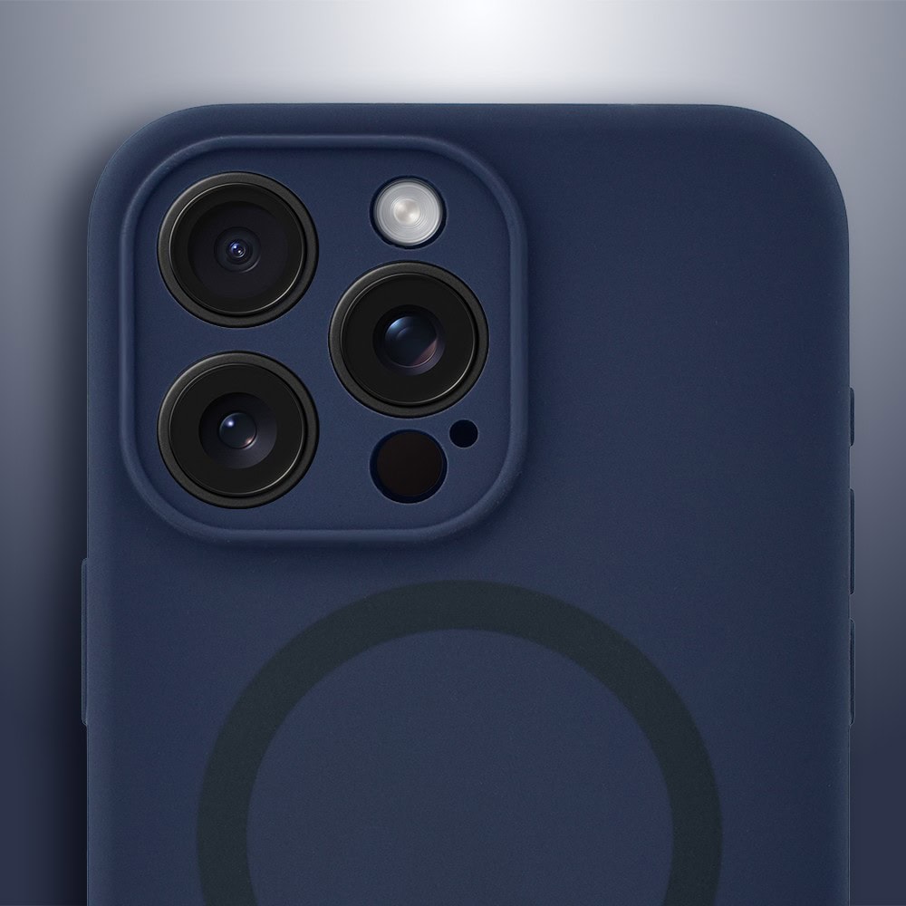 Etui do iPhone 16 Pro, silikonowe z MagSafe, mikrofibra soft touch z osłoną na aparat, granatowe