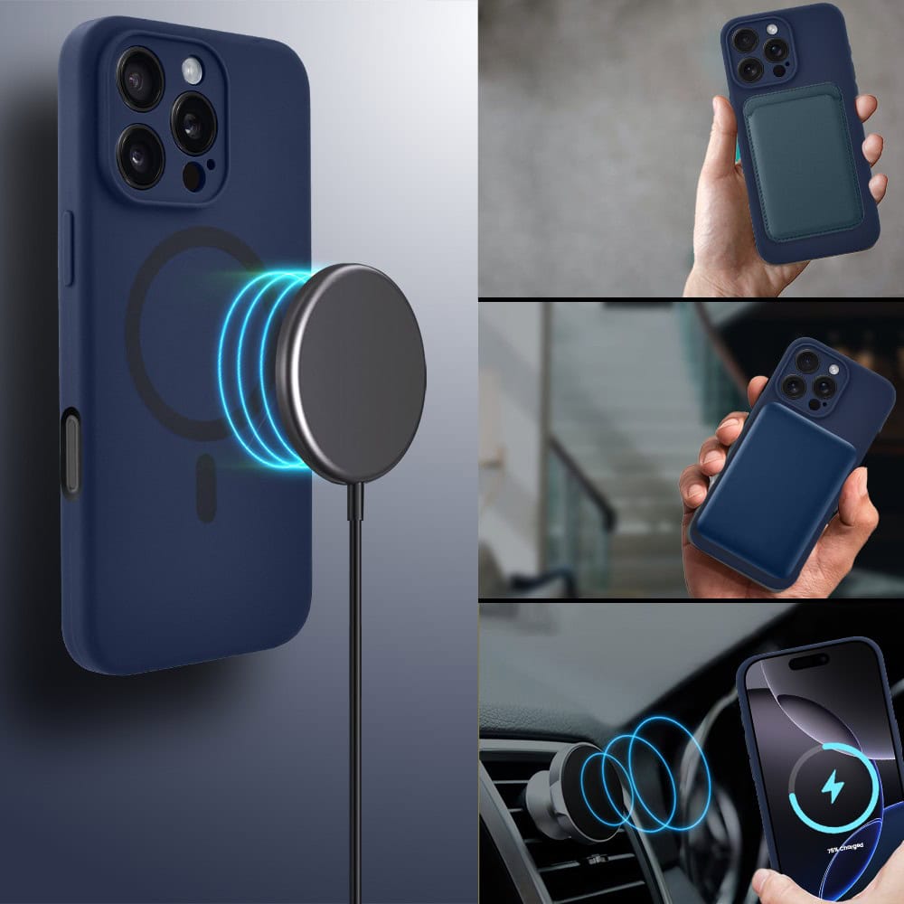 Etui do iPhone 16 Pro, silikonowe z MagSafe, mikrofibra soft touch z osłoną na aparat, granatowe