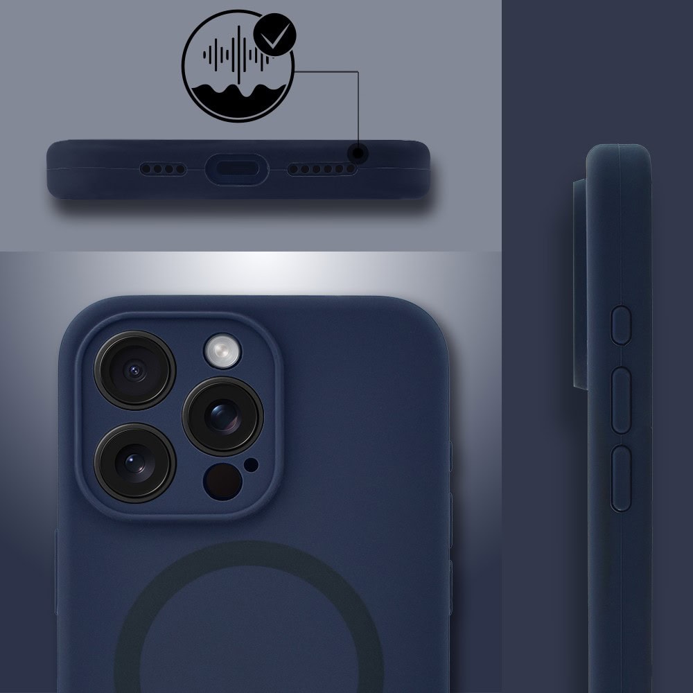 Etui do iPhone 16 Pro, silikonowe z MagSafe, mikrofibra soft touch z osłoną na aparat, granatowe