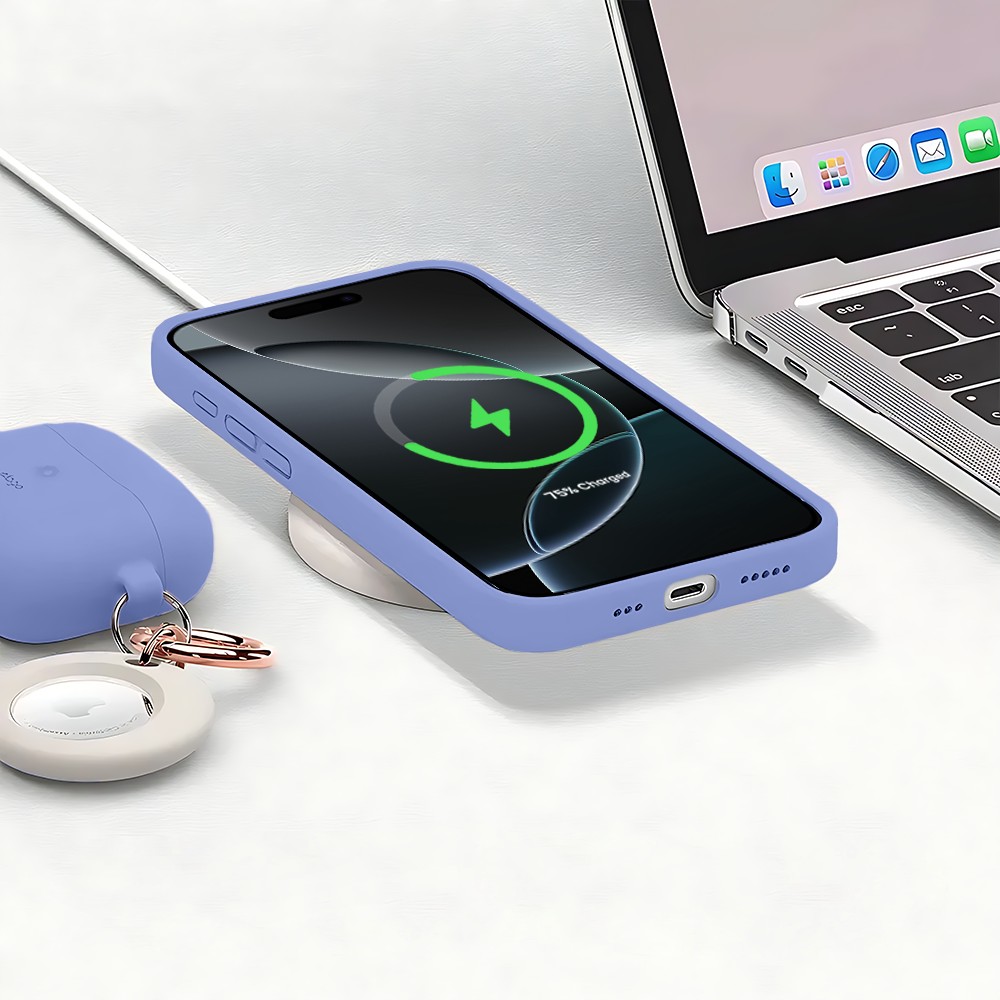 Etui do iPhone 16 Pro Max silikonowe z mikrofibrą soft touch z osłoną na aparat, fioletowe liliowe