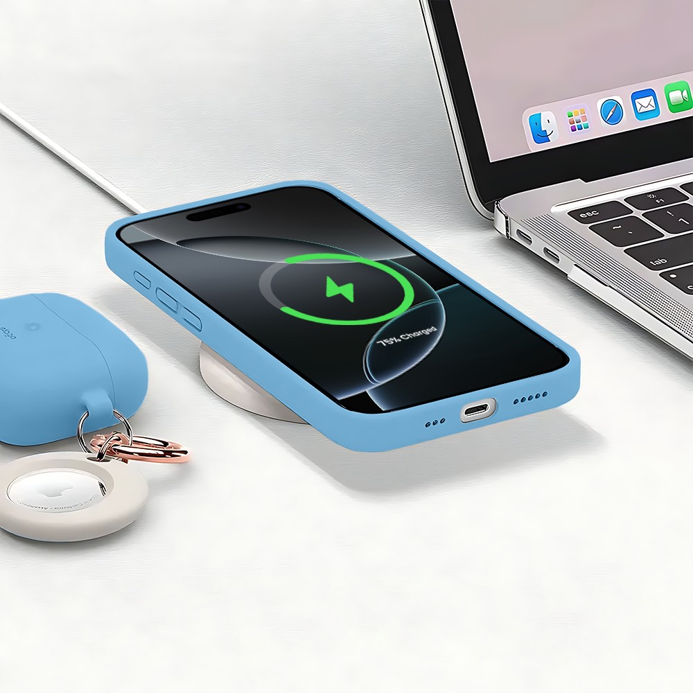 Etui do iPhone 16 Pro Max silikonowe z mikrofibrą soft touch z osłoną na aparat, niebieskie