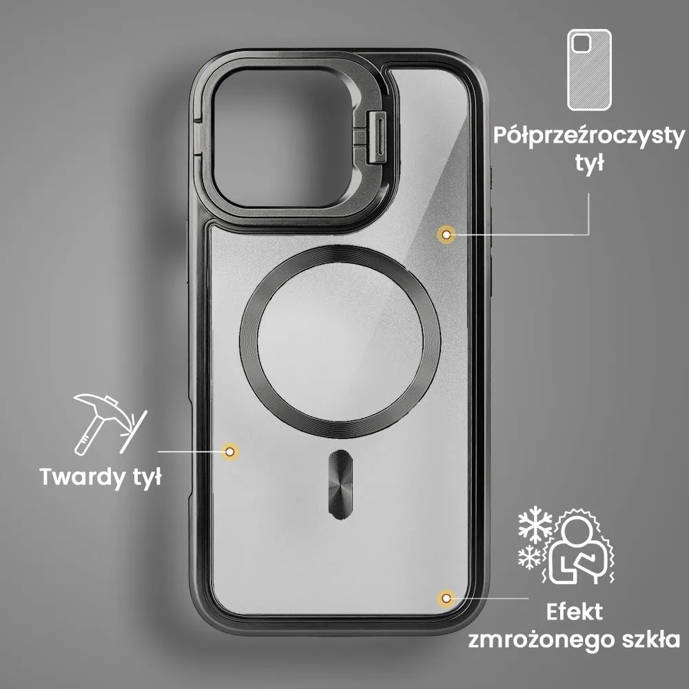 Etui do iPhone 16 Pro Max solidne, pogrubione boki, wbudowana podstawka, twardy tył z MagSafe, czarne