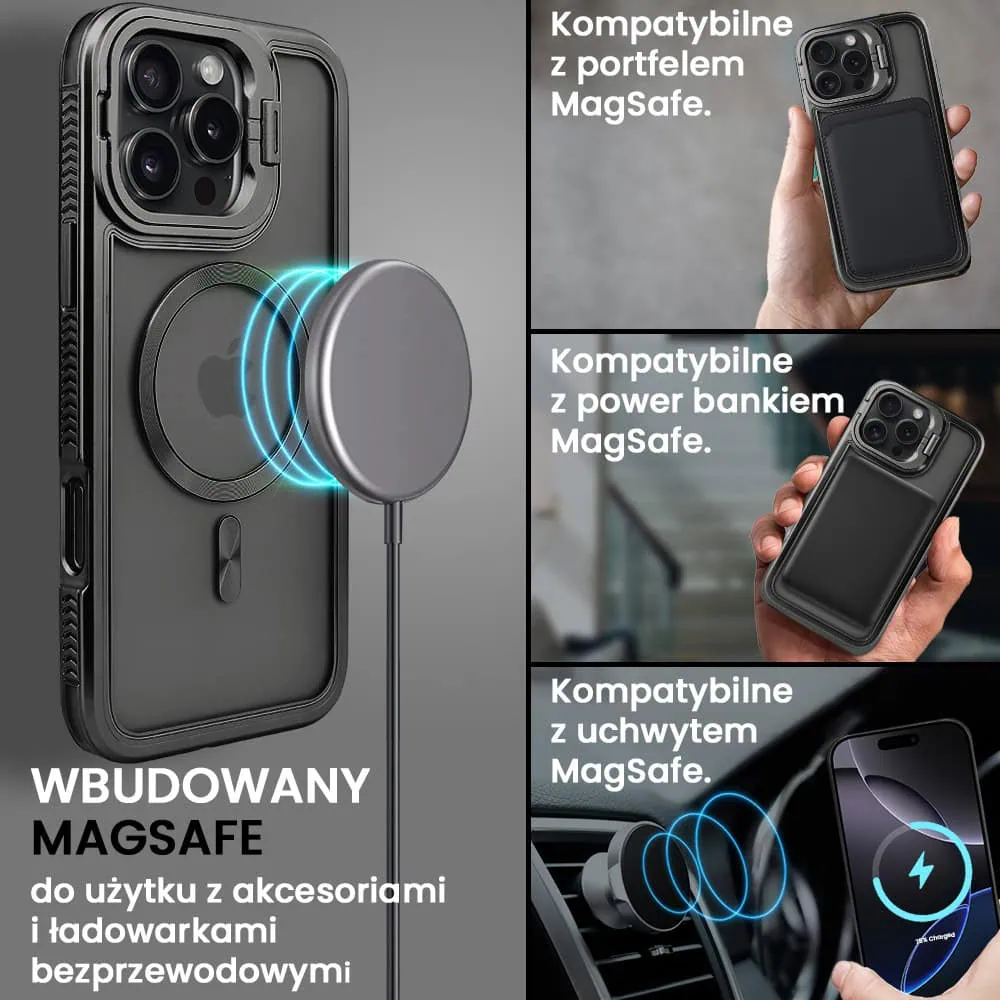 Etui do iPhone 16 Pro Max solidne, pogrubione boki, wbudowana podstawka, twardy tył z MagSafe, czarne